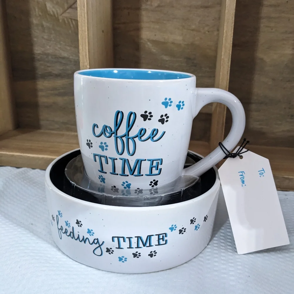 💙 Coffee Time & 🐾 Feeding Time Pet Mug Bowl Set NEW